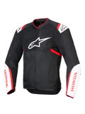 Alpinestars Honda T-SPS Air V2 Jacket, Motorcycle Textile Jacket, Black with White and Bright Red accents, featuring ventilated tech mesh panels, Alpinestars logo on chest and red Honda branding on sleeves, sporty urban design for airflow