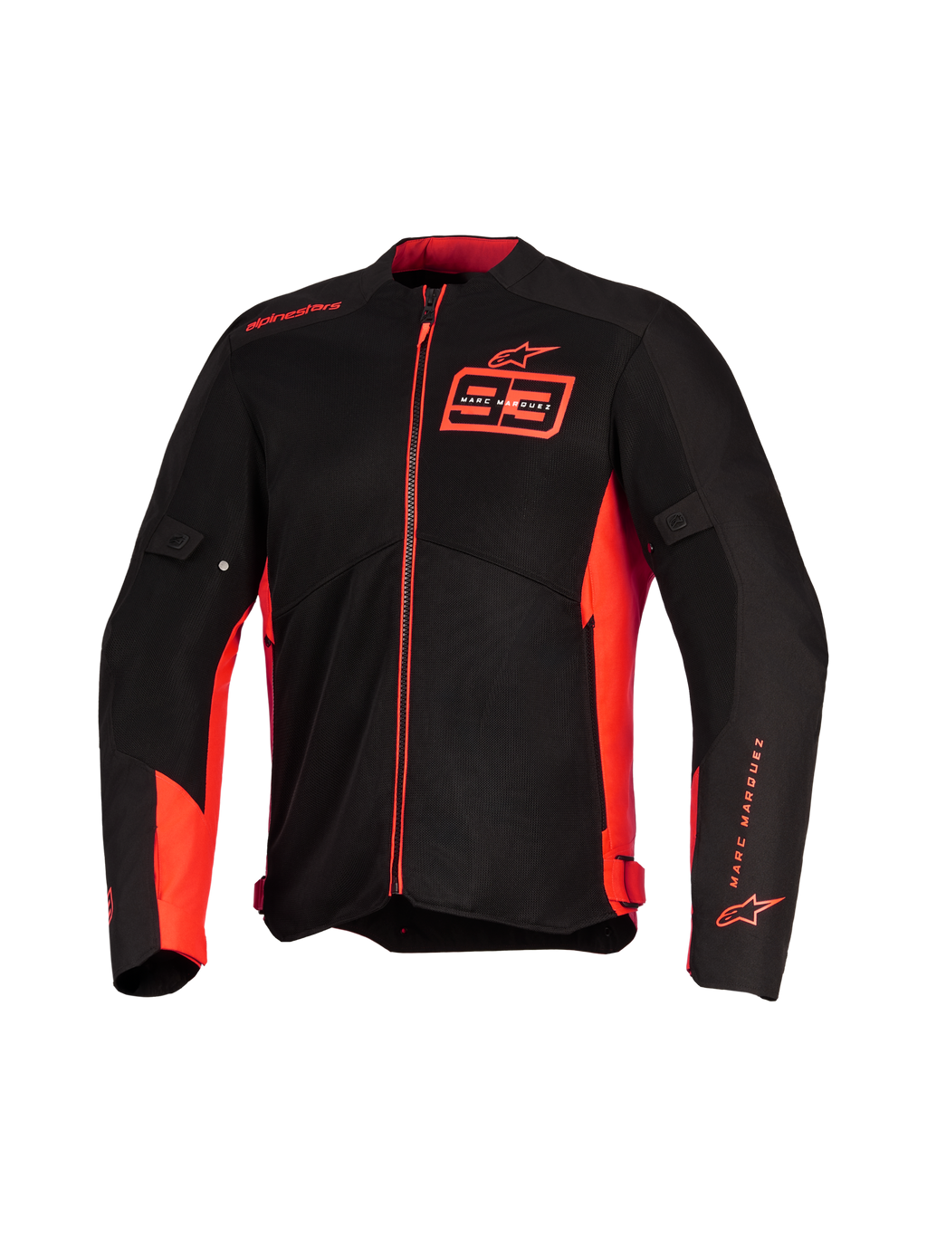 Casaco Alpinestars MM93 C-1 Air, casaco de motociclismo, vermelho fluo e preto, com o logótipo Marc Marquez 93 no peito e na manga, painéis de malha técnica para fluxo de ar, design urbano elegante