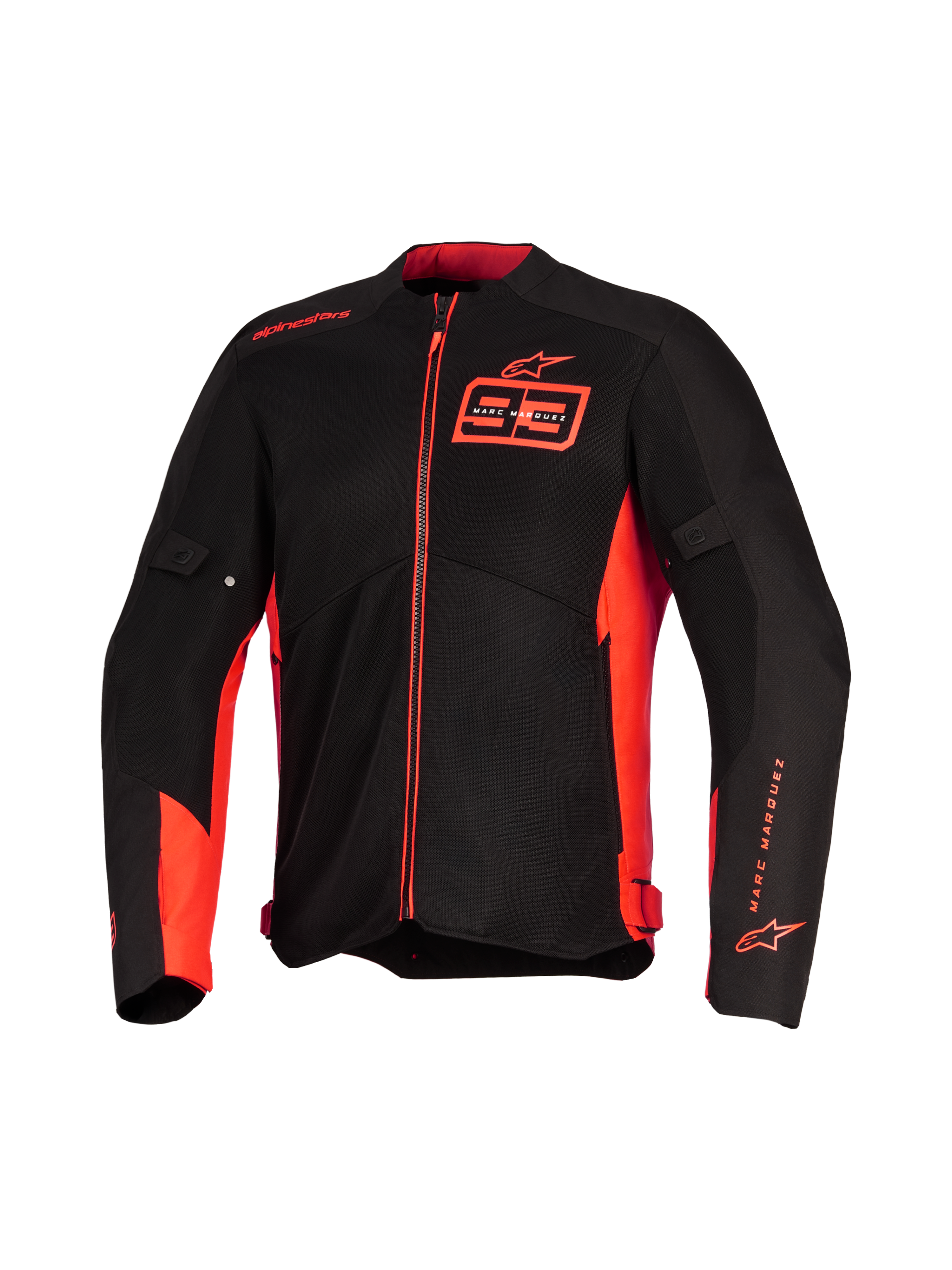 Casaco Alpinestars MM93 C-1 Air, casaco de motociclismo, vermelho fluo e preto, com o logótipo Marc Marquez 93 no peito e na manga, painéis de malha técnica para fluxo de ar, design urbano elegante