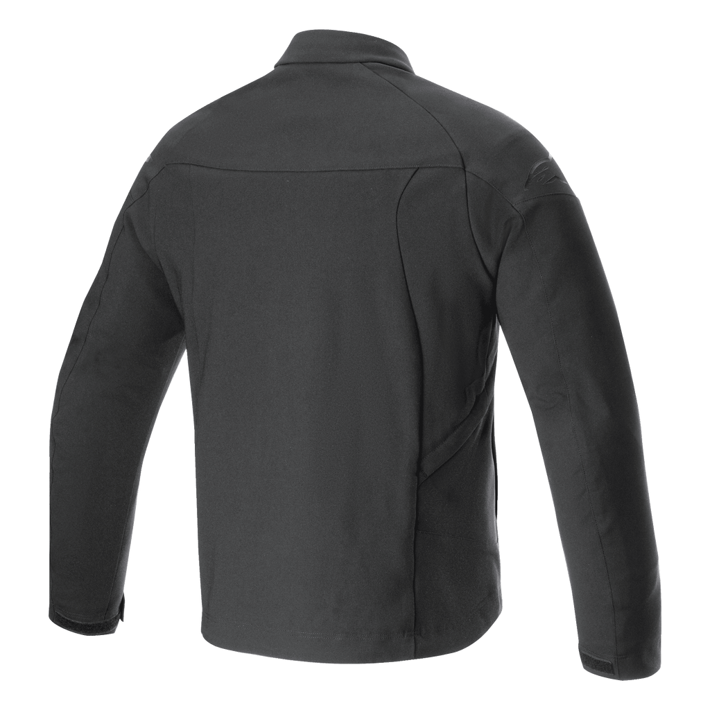 Casaco Alpinestars Aeron, casaco de motociclismo, preto, vista traseira com uma silhueta urbana minimalista, construção em poliéster totalmente elástico e respirável, logótipo subtil em relevo no ombro, equipamento de verão para motociclistas.