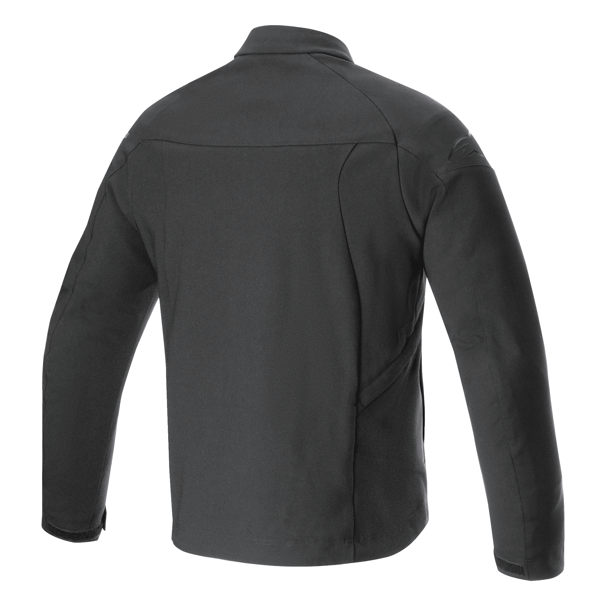 Casaco Alpinestars Aeron, casaco de motociclismo, preto, vista traseira com uma silhueta urbana minimalista, construção em poliéster totalmente elástico e respirável, logótipo subtil em relevo no ombro, equipamento de verão para motociclistas.