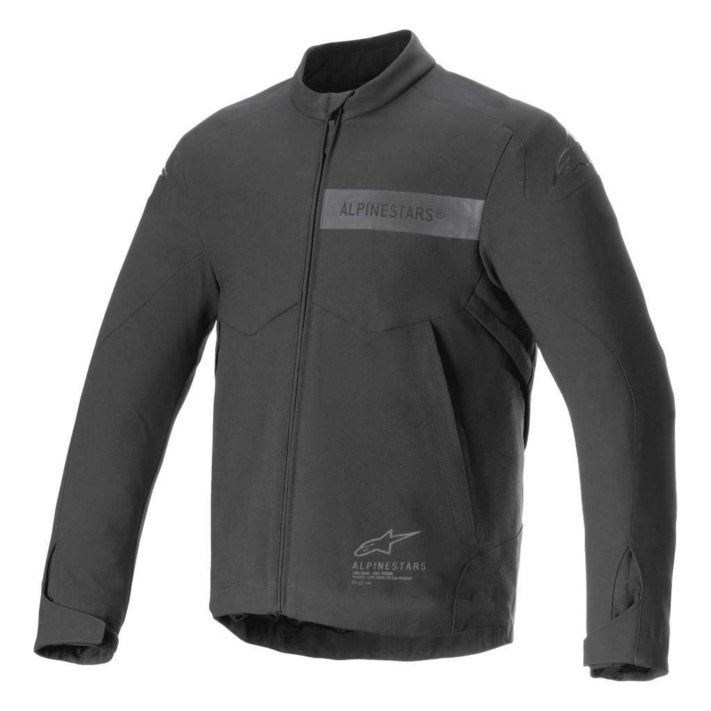 Casaco Alpinestars Aeron, casaco de motociclismo, preto, design de verão minimalista, com gola alta, fecho de correr frontal integral, logótipo Alpinestars tonal no peito e punhos ajustáveis