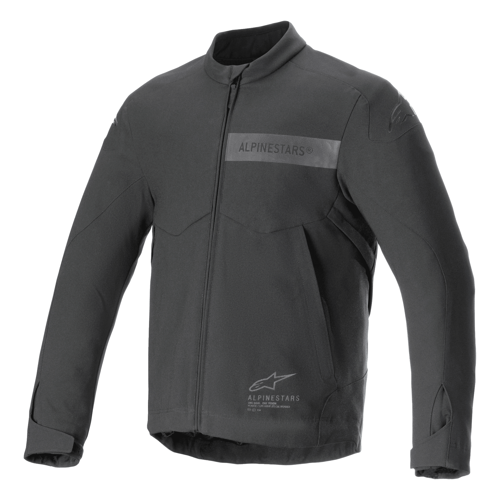 Casaco Alpinestars Aeron, casaco de motociclismo, preto, design de verão minimalista, com gola alta, fecho de correr frontal integral, logótipo Alpinestars tonal no peito e punhos ajustáveis