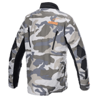 Alpinestars Venture XT Jacket, Mojave Camo Orange Fluo, back view showing grey and white camouflage pattern, orange ASTARS logo on the upper back, black ventilation zippers, and reinforced arm panels, adventure touring motorcycle jacket.