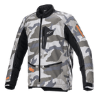 Alpinestars Venture XT Jacket, Motorcycle Adventure Touring Jacket, Mojave Camo in shades of gray and white with orange fluo accents, black textile panels on sleeves, zippered chest and waist pockets, high collar, durable textile construction for off-road adventure