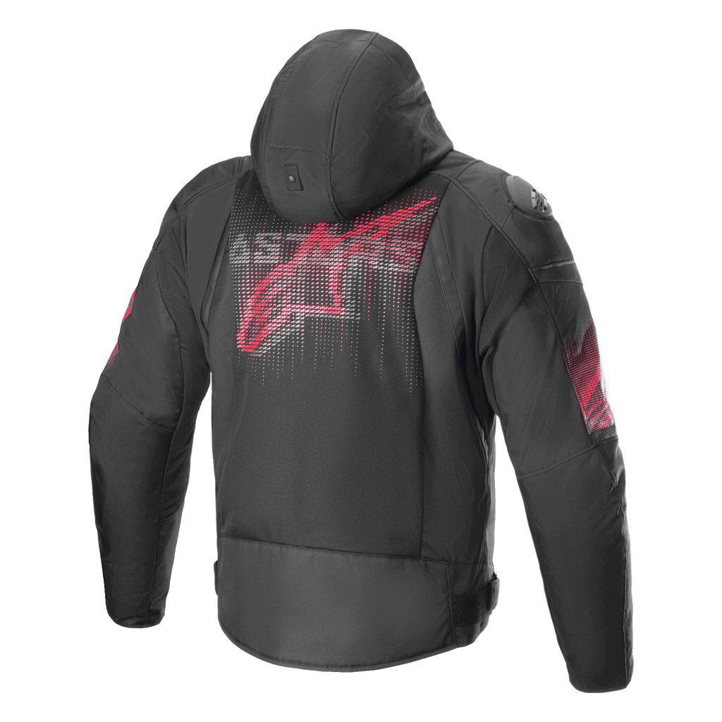 Casaco Alpinestars Zaca Air Venom WP, preto e vermelho vivo, vista traseira com um grande logótipo vermelho estilizado nas costas, casaco de motociclismo têxtil com painéis de malha 3D, capuz removível e sliders de ombro DFS Lite, vestuário de condução desportiva.