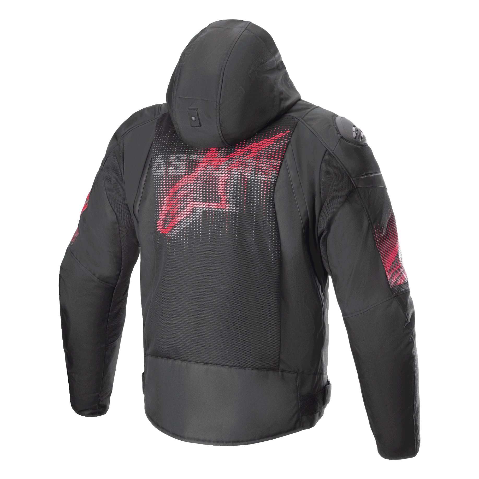 Casaco Alpinestars Zaca Air Venom WP, preto e vermelho vivo, vista traseira com um grande logótipo vermelho estilizado nas costas, casaco de motociclismo têxtil com painéis de malha 3D, capuz removível e sliders de ombro DFS Lite, vestuário de condução desportiva.