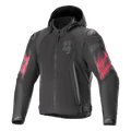 Alpinestars Zaca Air Venom WP Jacket, casaco de motociclismo têxtil, preto e vermelho vivo, gráficos degradê vermelhos nas mangas, logótipo vertical ASTARS no peito, design com capuz e construção em malha para ventilação, equipamento de condução desportiva