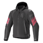 Alpinestars Zaca Air Venom WP Jacket, casaco de motociclismo têxtil, preto e vermelho vivo, gráficos degradê vermelhos nas mangas, logótipo vertical ASTARS no peito, design com capuz e construção em malha para ventilação, equipamento de condução desportiva