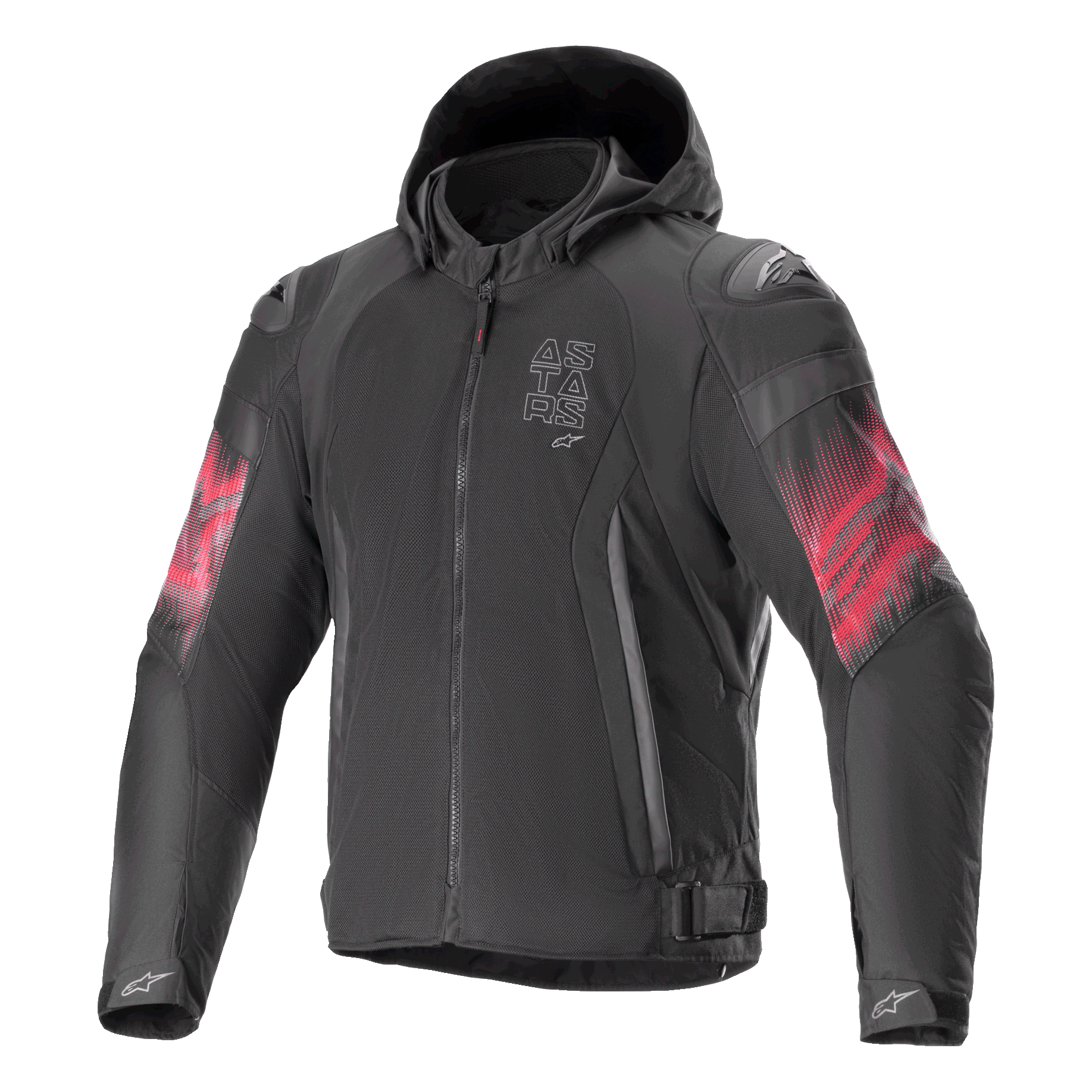 Alpinestars Zaca Air Venom WP Jacket, casaco de motociclismo têxtil, preto e vermelho vivo, gráficos degradê vermelhos nas mangas, logótipo vertical ASTARS no peito, design com capuz e construção em malha para ventilação, equipamento de condução desportiva