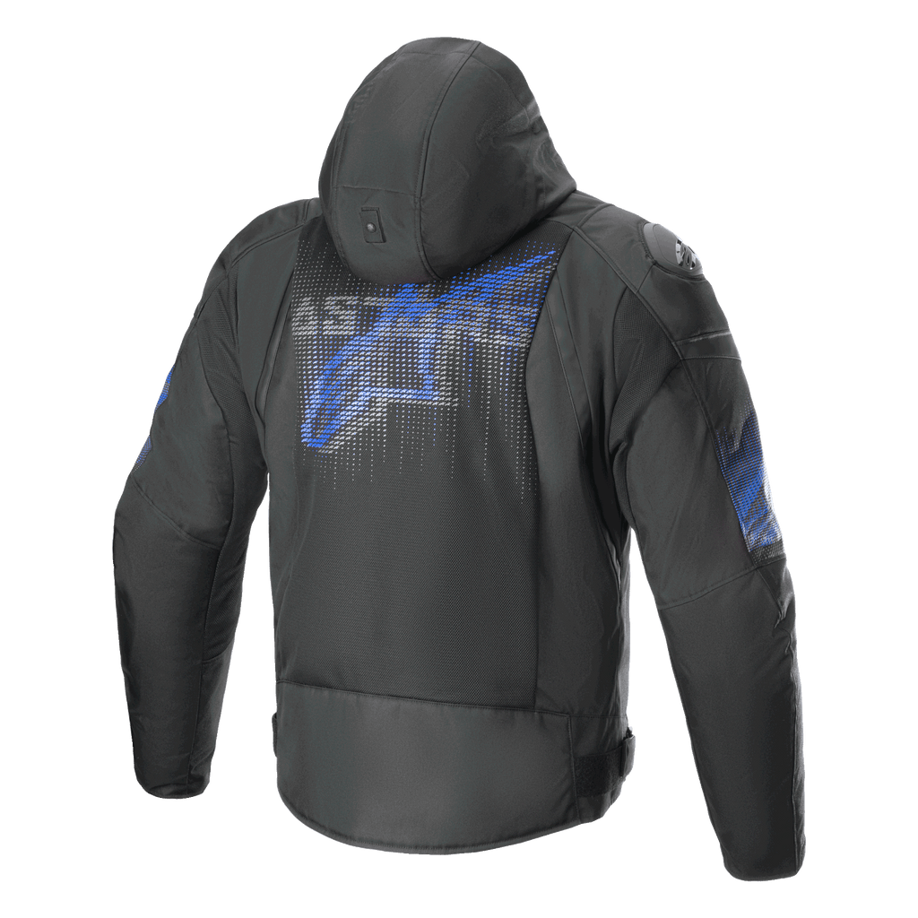 Alpinestars Zaca Air Venom Impermeável, casaco de moto têxtil com capuz, vista traseira, preto e azul elétrico, com malha 3D e proteção certificada CE