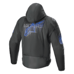 Alpinestars Zaca Air Venom Impermeável, casaco de moto têxtil com capuz, vista traseira, preto e azul elétrico, com malha 3D e proteção certificada CE