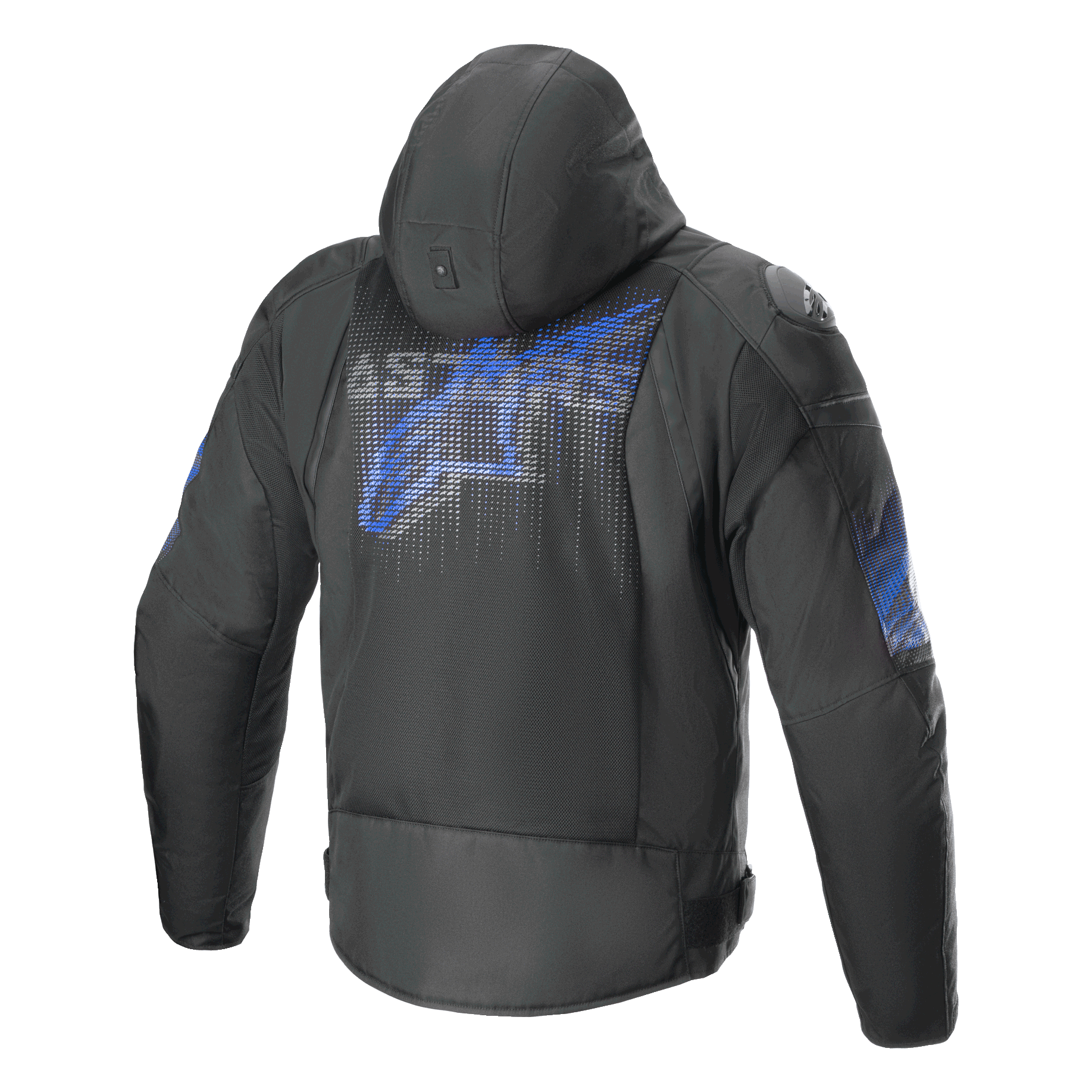 Alpinestars Zaca Air Venom Impermeável, casaco de moto têxtil com capuz, vista traseira, preto e azul elétrico, com malha 3D e proteção certificada CE