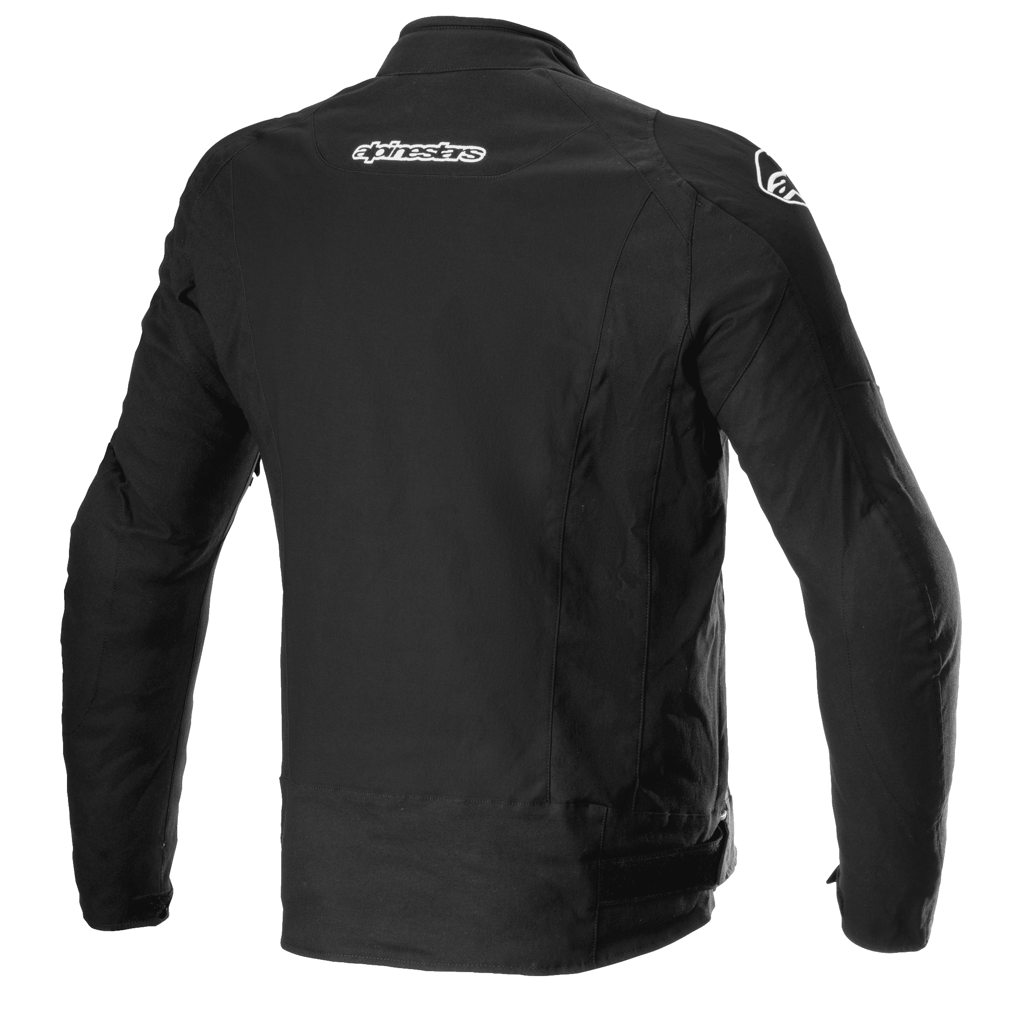 Alpinestars T-GP Force Jacket, Textile Motorcycle Jacket, Black, rear view showing Alpinestars branding on the upper back and shoulders, sleek sport-tailored design.