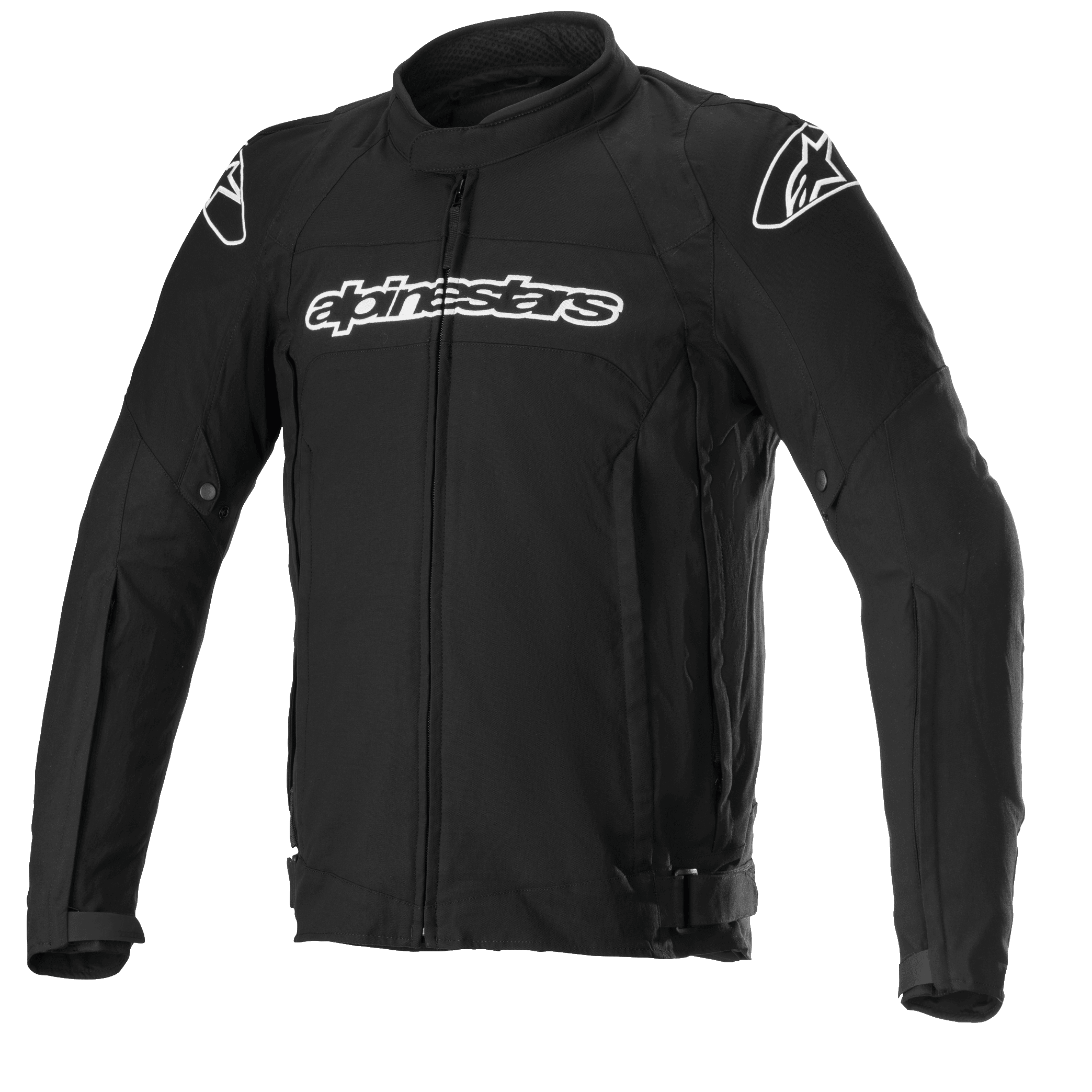 Alpinestars T-GP Force Jacket, Black textile motorcycle jacket with white logos on chest and shoulders, full front zipper, high collar, pre-curved sleeves, sport-fit design for road riding