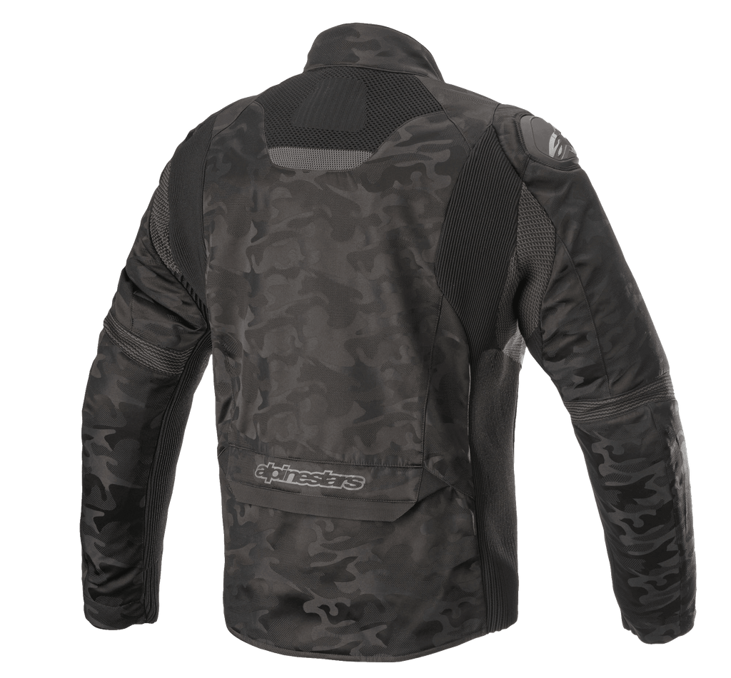Alpinestars Jaqueta Têxtil T SP-5 Rideknit®, jaqueta de motociclismo, preto camuflado, vista traseira com painéis elásticos em malha, padrão de camuflagem em têxtil resistente à abrasão, logótipo Alpinestars na zona inferior das costas.