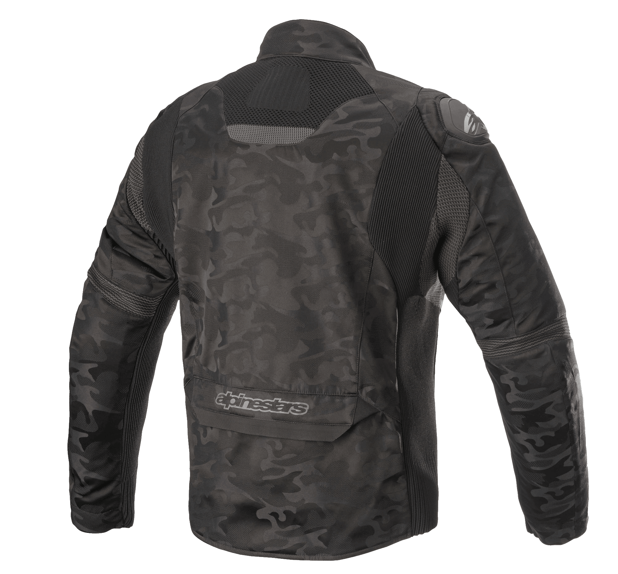 Alpinestars Jaqueta Têxtil T SP-5 Rideknit®, jaqueta de motociclismo, preto camuflado, vista traseira com painéis elásticos em malha, padrão de camuflagem em têxtil resistente à abrasão, logótipo Alpinestars na zona inferior das costas.