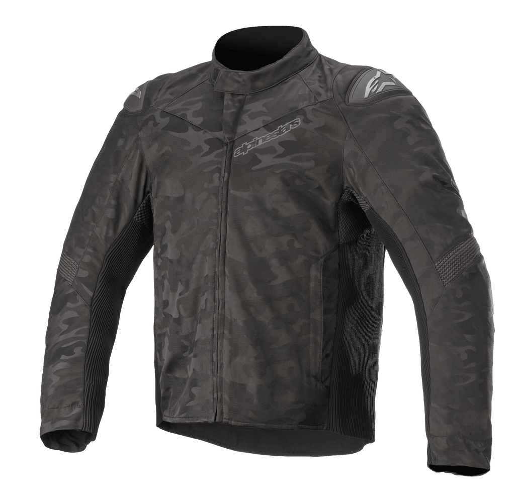 Alpinestars T SP-5 Rideknit® Textile Jacket, casaco de motociclismo, padrão de camuflagem escuro, painéis de malha canelada para elasticidade, sliders externos nos ombros, gola alta e corte desportivo ajustado
