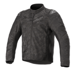 Alpinestars T SP-5 Rideknit® Textile Jacket, casaco de motociclismo, padrão de camuflagem escuro, painéis de malha canelada para elasticidade, sliders externos nos ombros, gola alta e corte desportivo ajustado