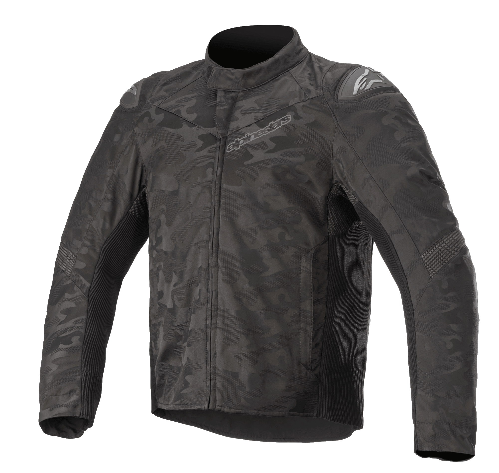 Alpinestars T SP-5 Rideknit® Textile Jacket, casaco de motociclismo, padrão de camuflagem escuro, painéis de malha canelada para elasticidade, sliders externos nos ombros, gola alta e corte desportivo ajustado