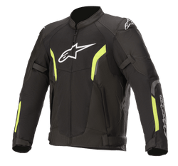 Alpinestars AST V2 Air Jacket, casaco de moto em malha, preto e amarelo fluorescente, logótipo Astars branco no peito, grandes painéis de malha para ventilação, detalhes em amarelo fluorescente nas mangas e no peito, e tiras de ajuste nos braços para um ajuste desportivo e protetor