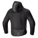 Alpinestars Zaca Air Jacket, Textile Motorcycle Jacket, Black, back view featuring large 3D mesh ventilation panels, detachable hood with Alpinestars branding, grey star logo on the lower back, protective road gear with DFS Lite shoulder sliders
