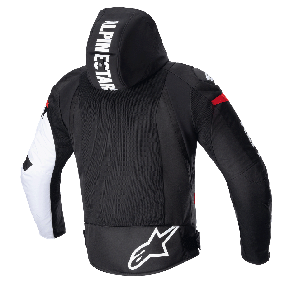 Casaco Alpinestars Zaca Air, casaco de motociclismo têxtil, preto, branco e vermelho fluo, vista traseira com capuz amovível com marca em destaque, grande painel traseiro em malha 3D para ventilação e logótipo Astars branco na zona lombar.