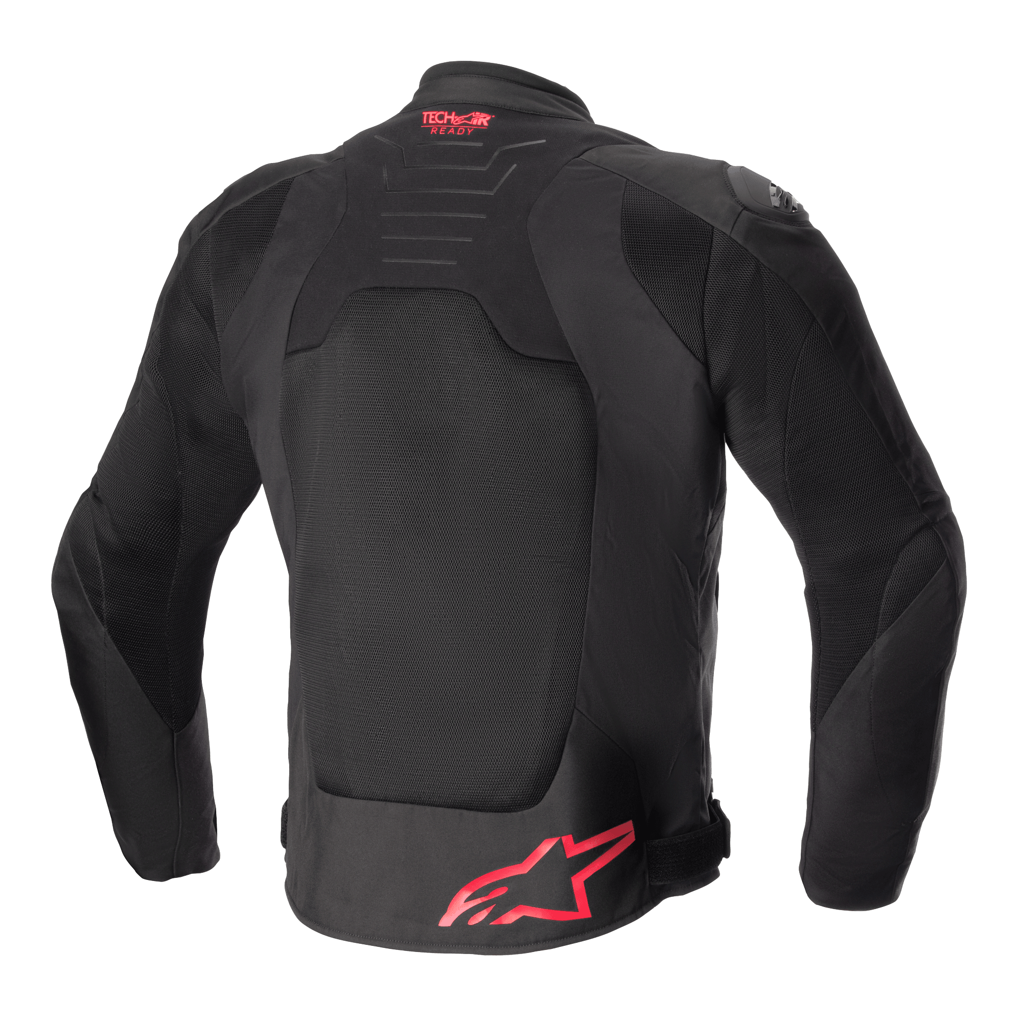 Alpinestars SMX Air Jacket, Rear View, Black with Bright Red accents, ventilated mesh back panel, Tech-Air Ready branding on upper back, red Alpinestars logo on lower back, sport motorcycle jacket.