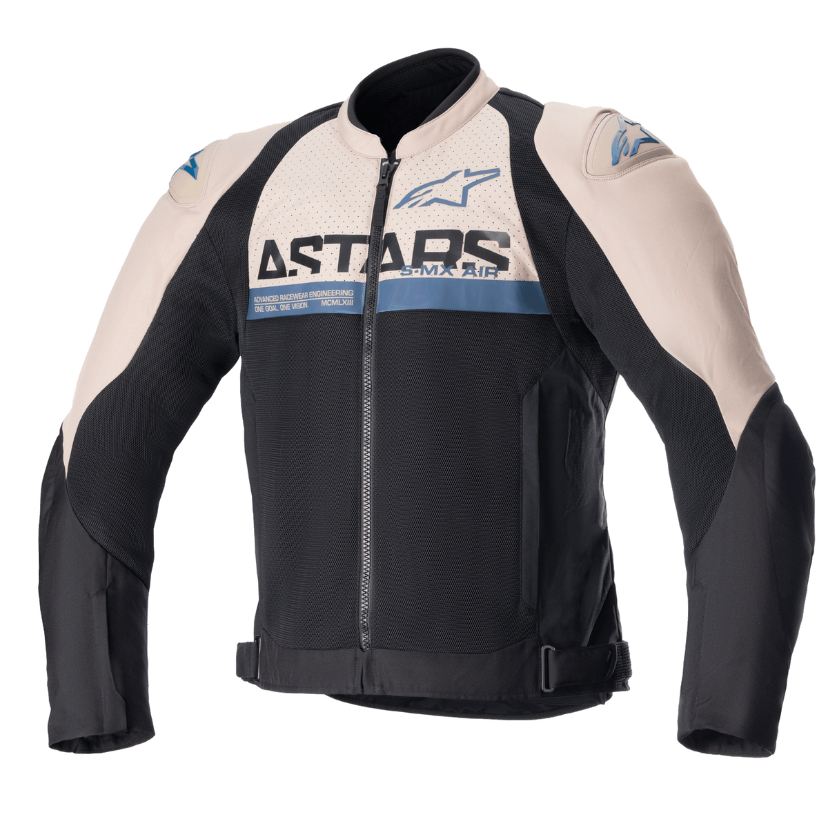 Alpinestars SMX Air Jacket, casaco de motociclismo desportivo, castanho claro e preto com detalhes em azul sodalite, painéis de ventilação em malha, logótipo ASTARS no peito, fecho de correr frontal, tiras de ajuste na cintura, sliders de proteção nos ombros