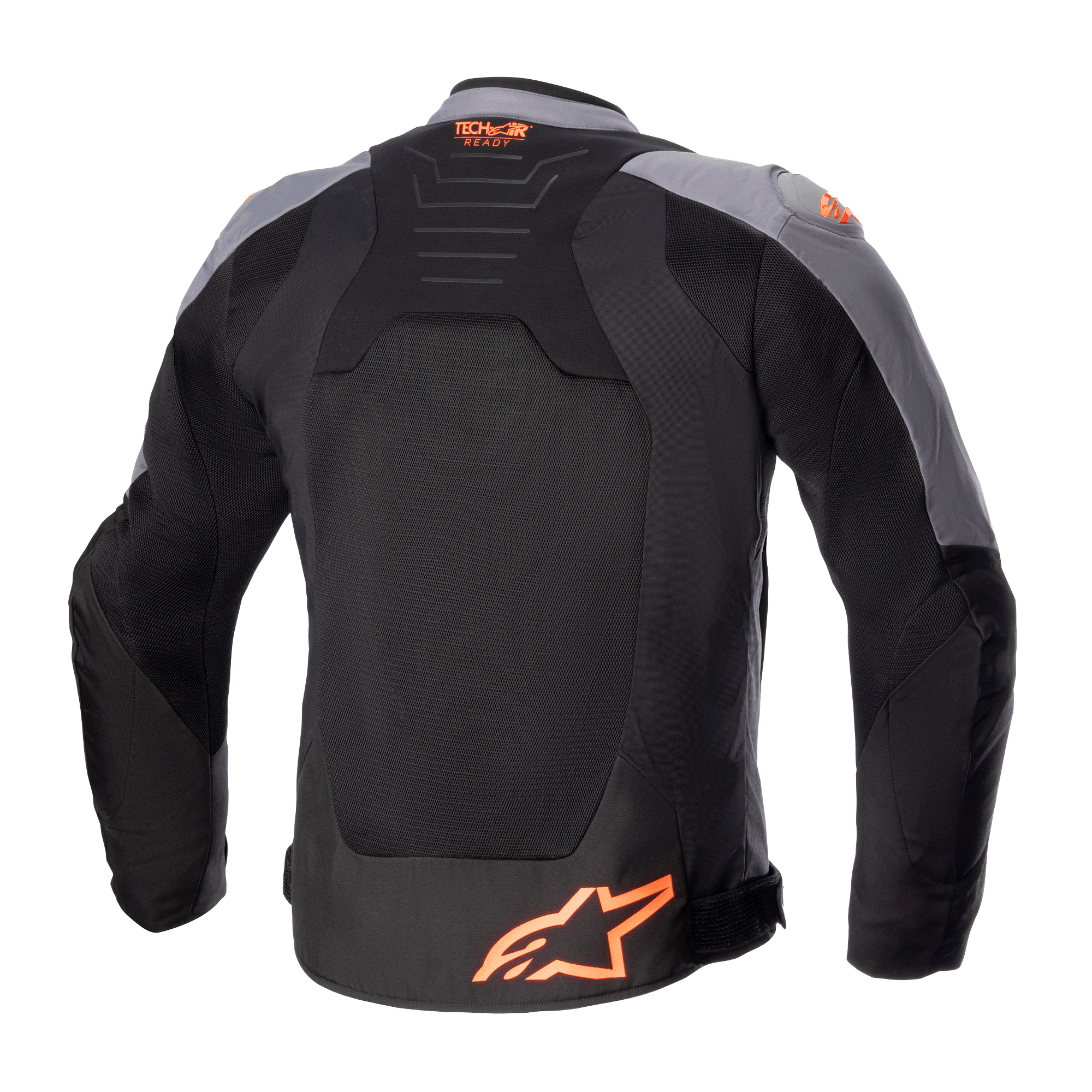 Alpinestars SMX Air Jacket, Textile Motorcycle Jacket, Black and Dark Gray with Orange Fluo, back view showing large mesh panels, Tech-Air Ready logo on upper back, and orange star logo at the bottom.