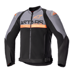 Alpinestars SMX Air Jacket, casaco desportivo de motociclismo, cinzento escuro e preto com detalhes laranja fluo, painéis de malha técnica perfurada e logótipo ASTARS no peito, mangas compridas, fecho frontal, correias de ajuste na cintura, equipamento técnico ventilado