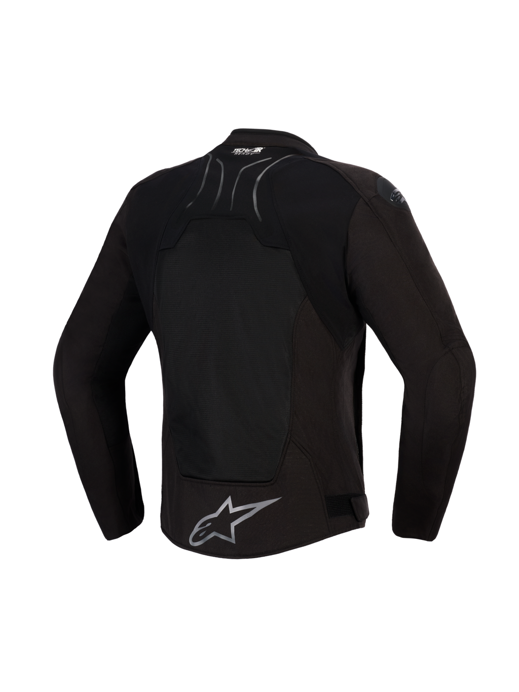 Alpinestars SMX Air Jacket, Black Anthracite, vista traseira, com um grande painel traseiro em malha técnica para ventilação, marca Tech-Air® Ready na parte superior das costas e logótipo de estrela da Alpinestars em prateado na bainha inferior, concebido para condução desportiva em climas quentes.