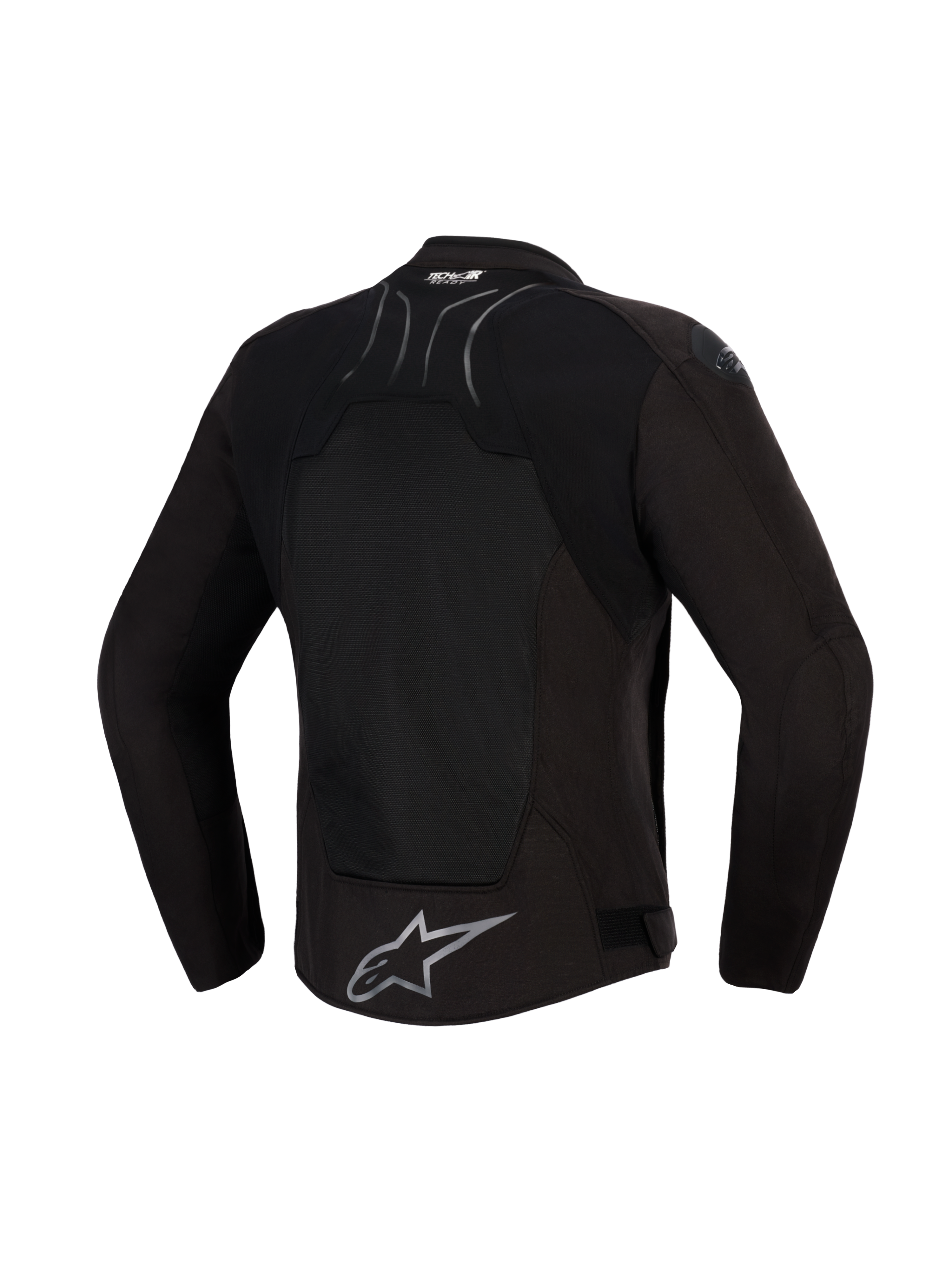 Alpinestars SMX Air Jacket, Black Anthracite, vista traseira, com um grande painel traseiro em malha técnica para ventilação, marca Tech-Air® Ready na parte superior das costas e logótipo de estrela da Alpinestars em prateado na bainha inferior, concebido para condução desportiva em climas quentes.