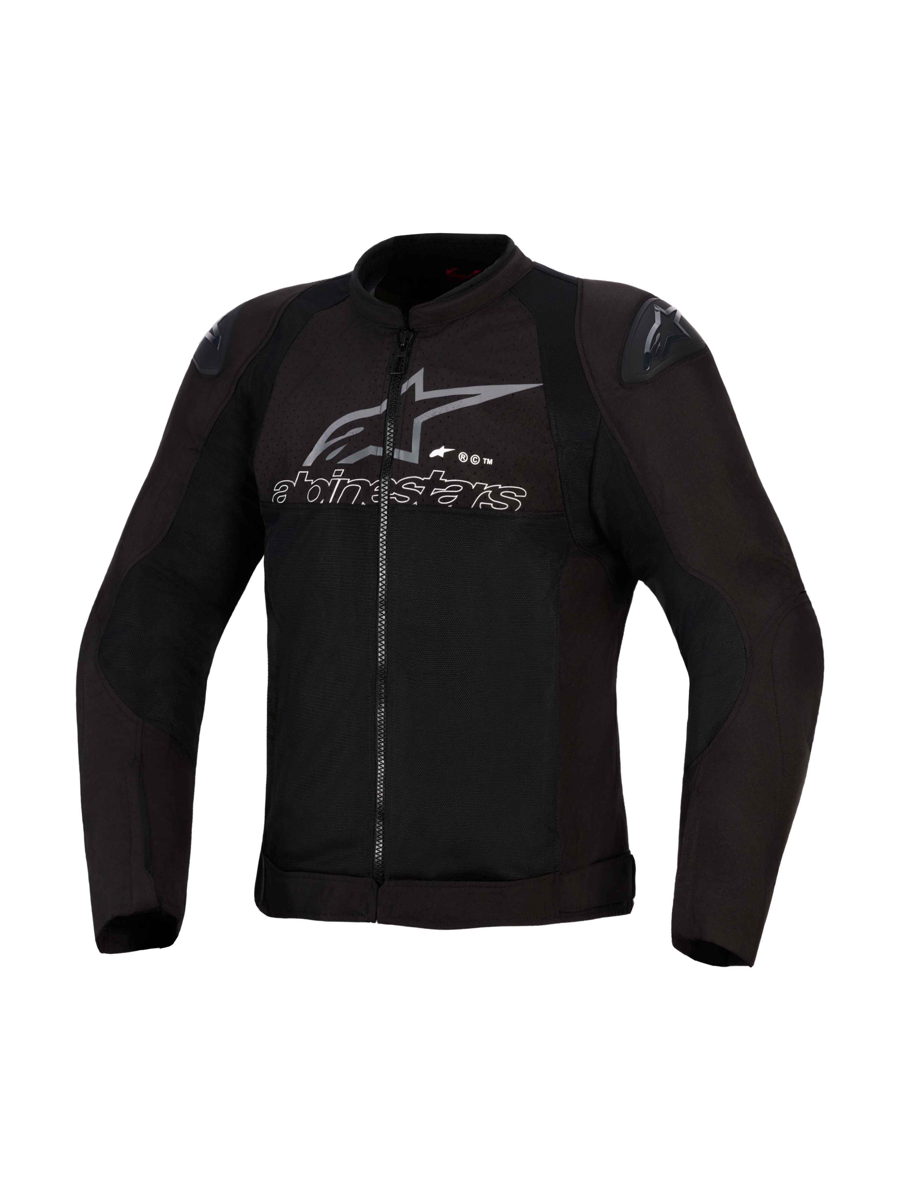 Alpinestars SMX Air Jacket, Preto e Antracite, casaco de motociclismo em têxtil ventilado, painéis de malha de alto fluxo, deslizadores de ombro DFS Lite, logótipo e texto Alpinestars cinzentos no peito