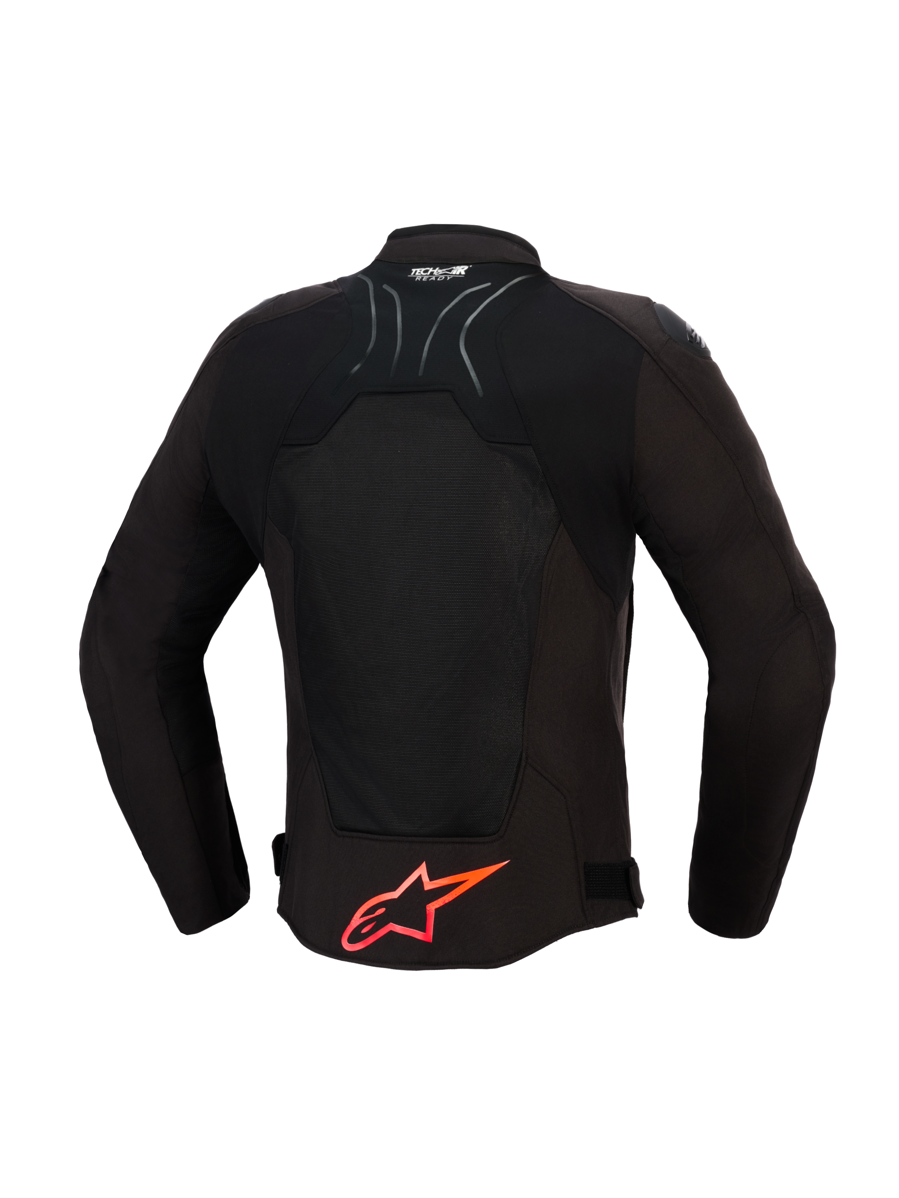 Alpinestars SMX Air Jacket, Motorcycle Jacket, Black with Bright Red details, back view showing tech mesh panels for airflow, large red Alpinestars logo on lower back, Tech-Air Ready logo on collar, sporty design for high-performance riding.