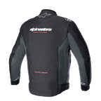 Alpinestars Monza Sport Jacket, Black Tar Gray textile motorcycle jacket shown from the back, featuring white branding with red 'ONE GOAL. ONE VISION.' slogan, gray side panels, and 'RACING AHEAD' text at the lower back