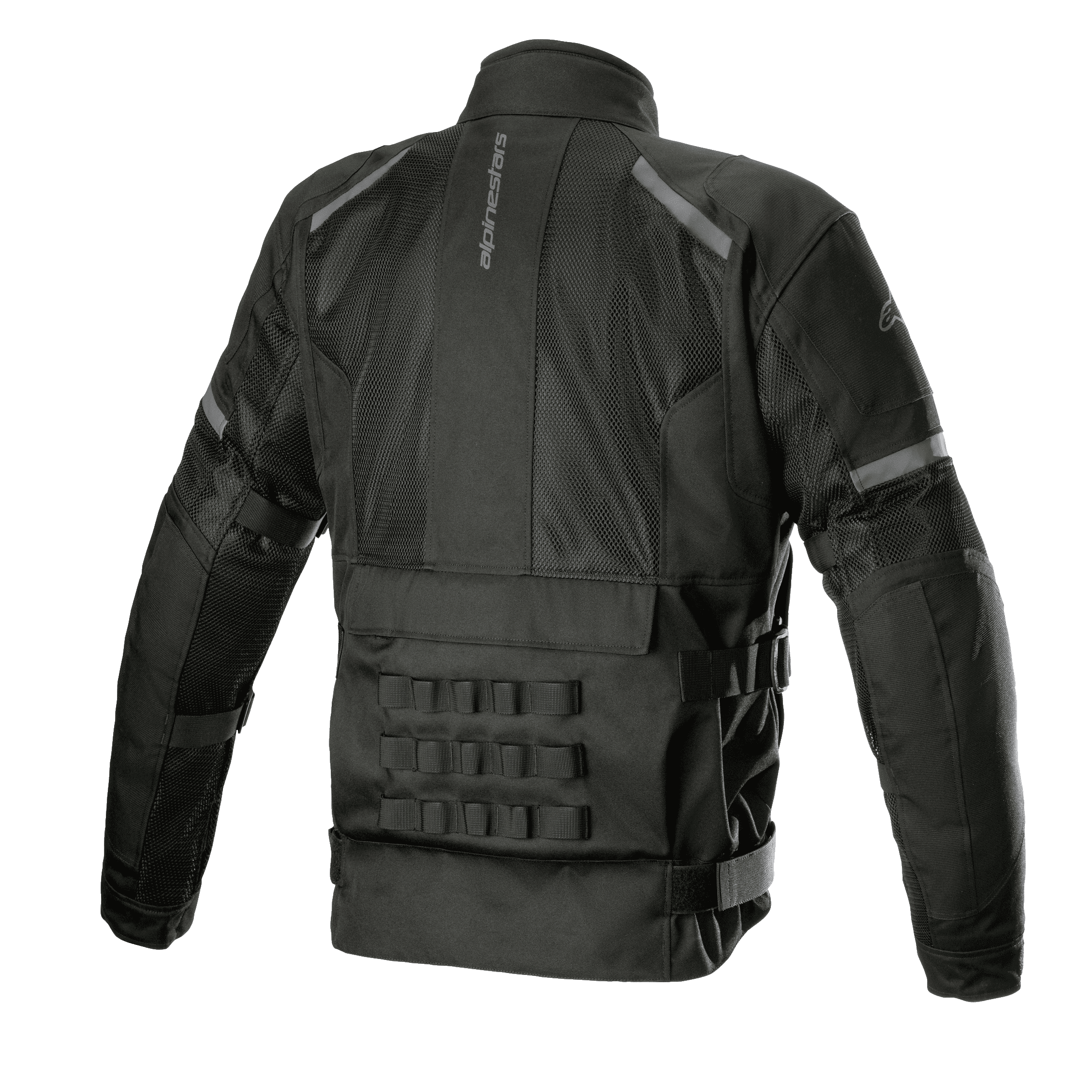 Alpinestars Crosshill Air Waterproof Jacket, Black, Rear view highlighting large tech mesh panels, vertical Alpinestars logo, PALS modular connection system on lower back, and adjustable waist straps, durable motorcycle touring gear