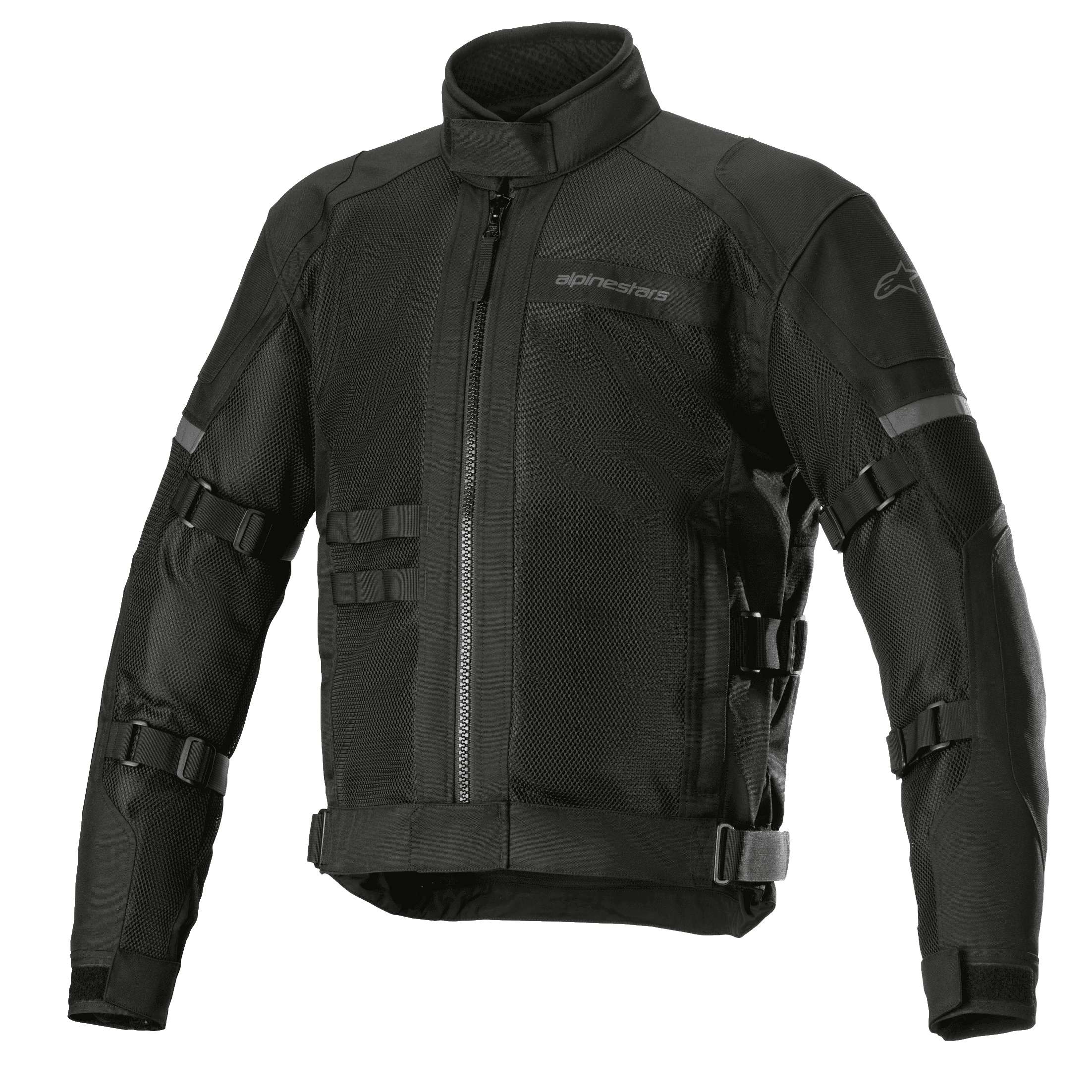 Alpinestars Crosshill Air Waterproof Jacket, Motorcycle Touring Jacket, Black, featuring large mesh ventilation panels, adjustable straps on arms and waist, reflective accents, high collar, and rugged textile construction with military-inspired details