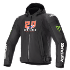 Alpinestars FQ20 Zaca Air Monster Jacket, Black textile motorcycle jacket with hood, featuring red and white "20 El Diablo" graphics, green Monster Energy claw logos, white ASTARS branding on sleeves, DFS Lite shoulder sliders, zip closure