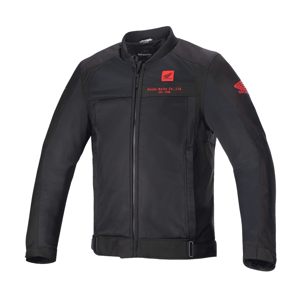 Alpinestars Honda Luc V2 Air Jacket, casaco de motociclismo preto, estilo bomber com painéis de malha, logótipos Honda vermelhos no peito e na manga, fecho de correr frontal integral, gola canelada, cintura e punhos ajustáveis, material têxtil para condução urbana