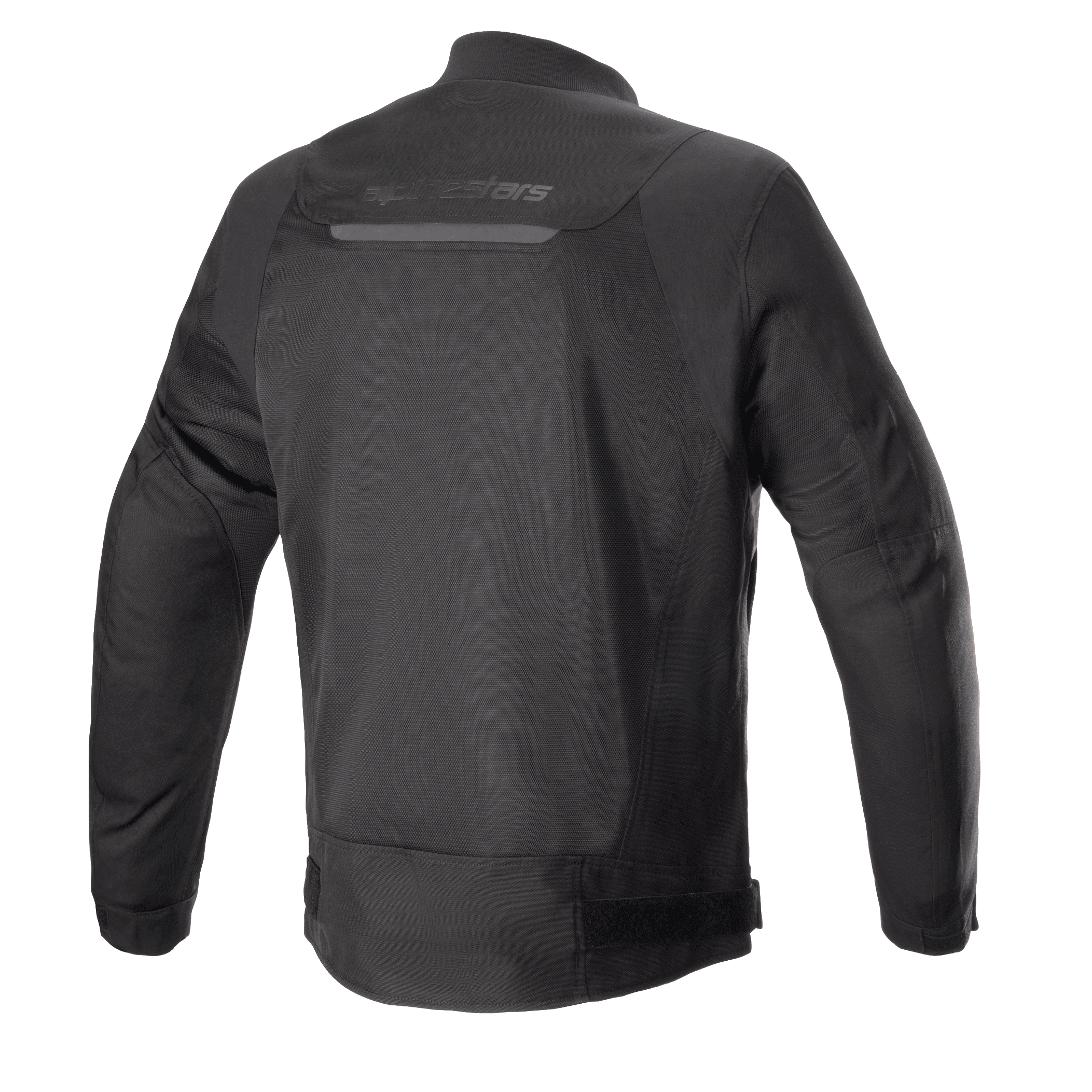 Alpinestars Luc V2 Air Jacket, Black, Rear view of urban bomber-style motorcycle jacket featuring extensive mesh panels for airflow, reflective strip on upper back, and adjustable waist straps