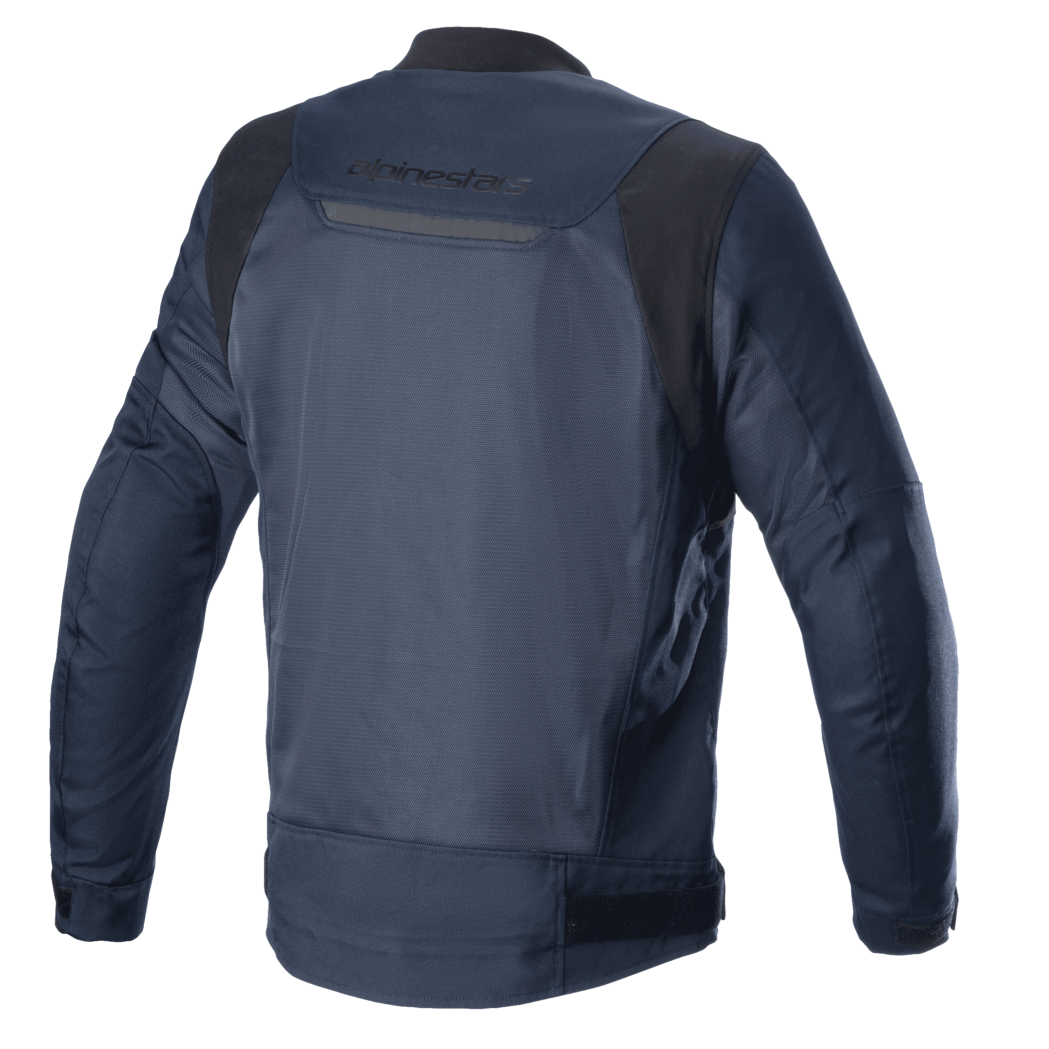 Alpinestars Luc V2 Air Jacket, Navy Black, Rear View, featuring mesh panels for airflow, reflective detail, and Alpinestars branding on the upper back, bomber-style textile motorcycle jacket