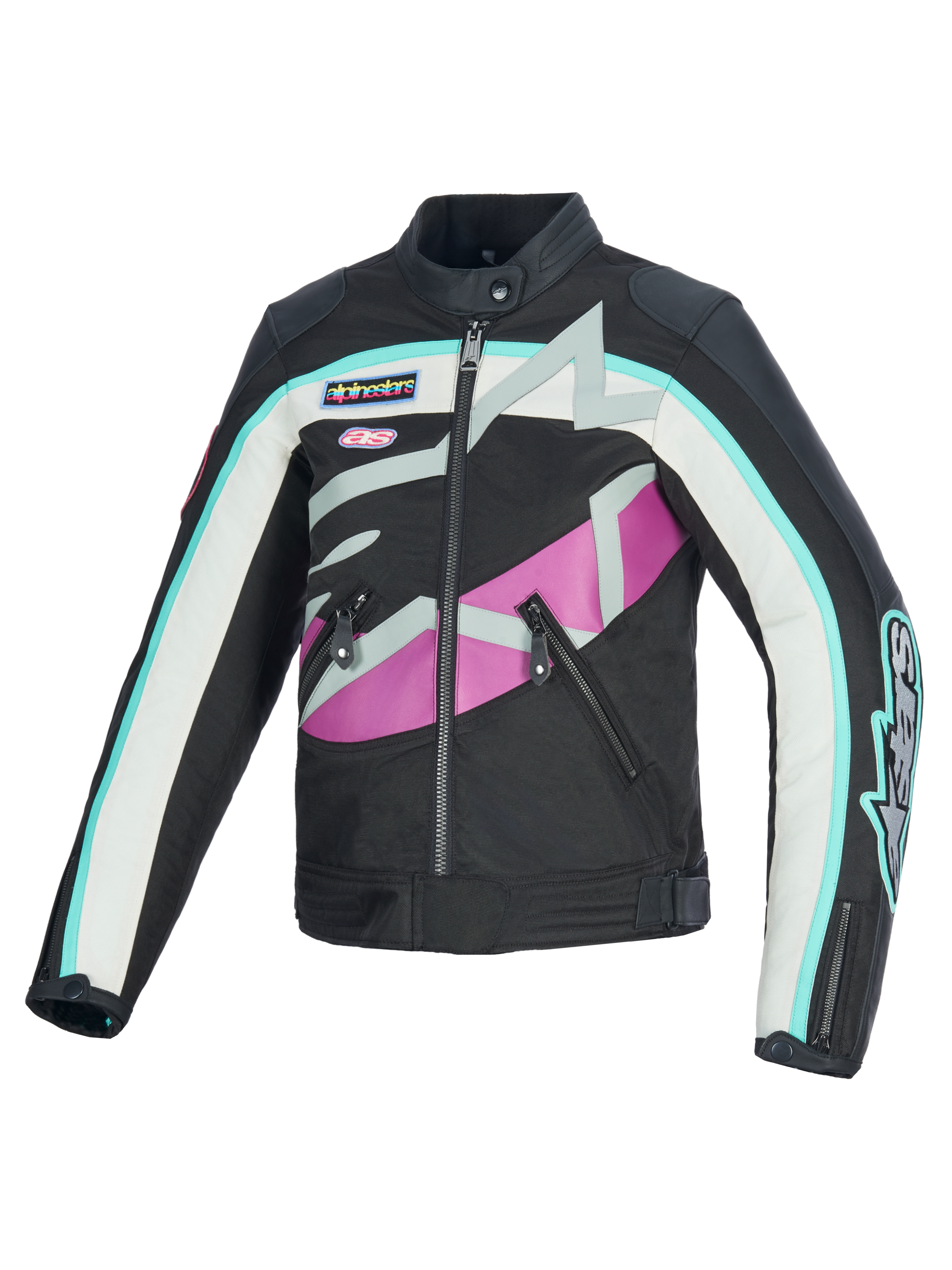 Alpinestars Idles Women’s Jacket, Motorcycle Jacket, Black Off White and Purple, featuring vintage racing-inspired design with bold wrap-around Alpinestars logo and branded patches, textile and leather construction, water-resistant urban riding gear