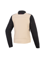Alpinestars Woman Stella Grace Jacket, Women's Motorcycle Jacket, Aluminum Black, Rear view, textile construction featuring a beige torso with black sleeves and a small pink logo on the collar.