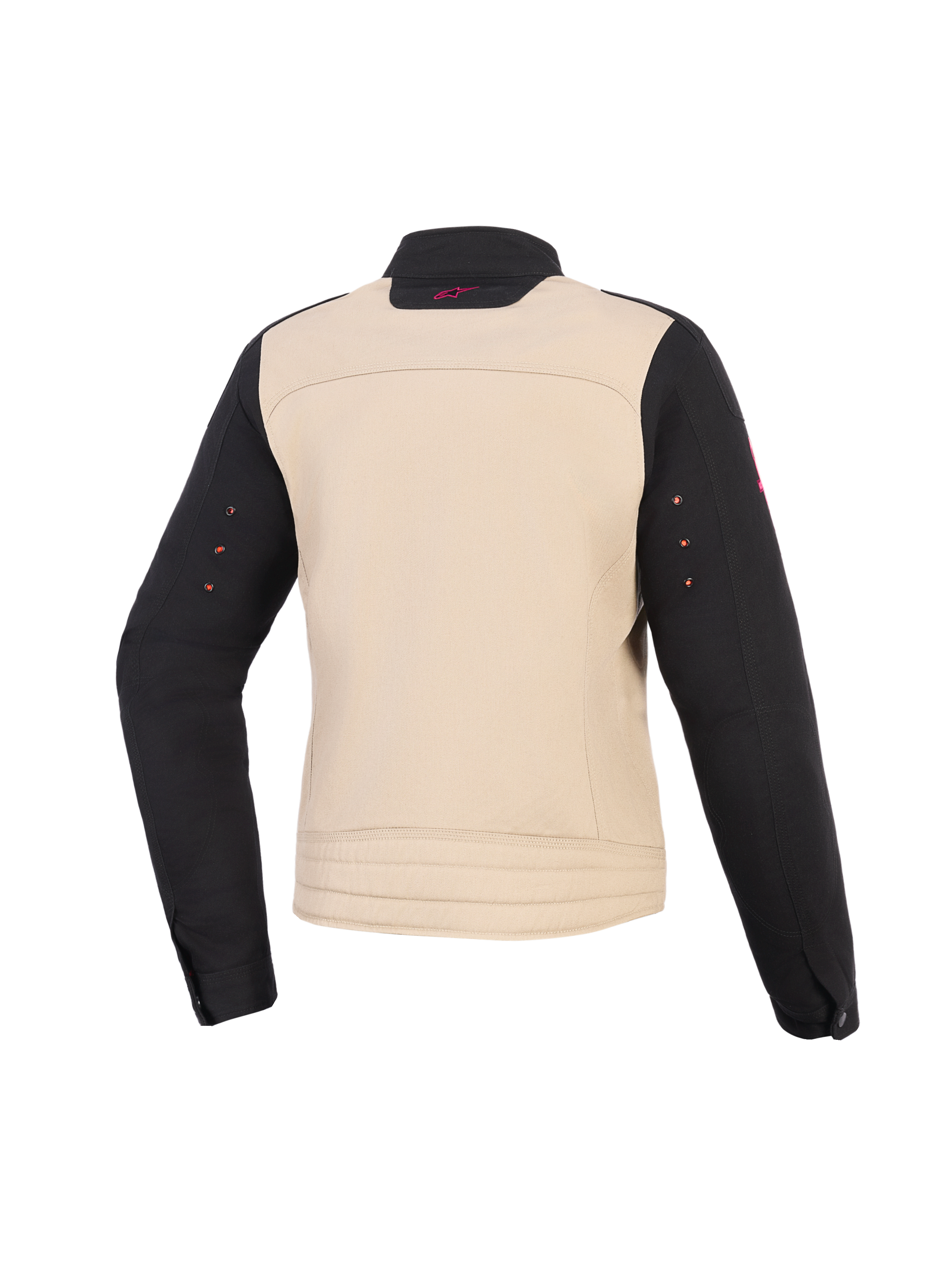 Alpinestars Woman Stella Grace Jacket, Women's Motorcycle Jacket, Aluminum Black, Rear view, textile construction featuring a beige torso with black sleeves and a small pink logo on the collar.
