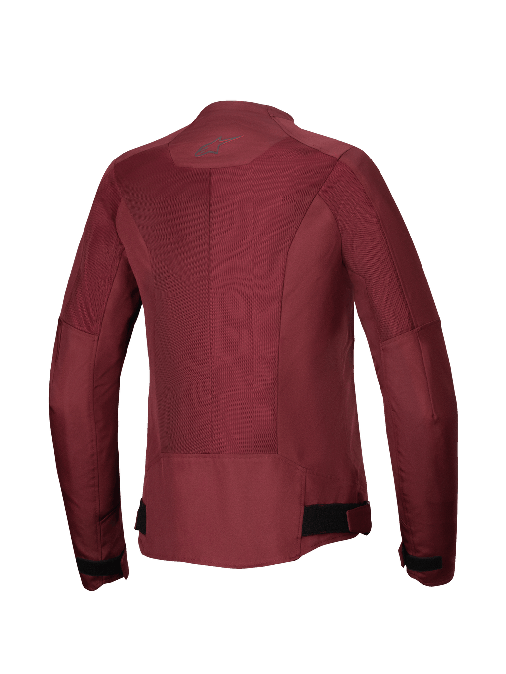 Alpinestars Stella C-1 Air Jacket, Woman's Motorcycle Jacket, Burgundy, back view featuring large tech mesh panels for airflow, reflective logo at the neck, and adjustable waist straps, urban riding gear