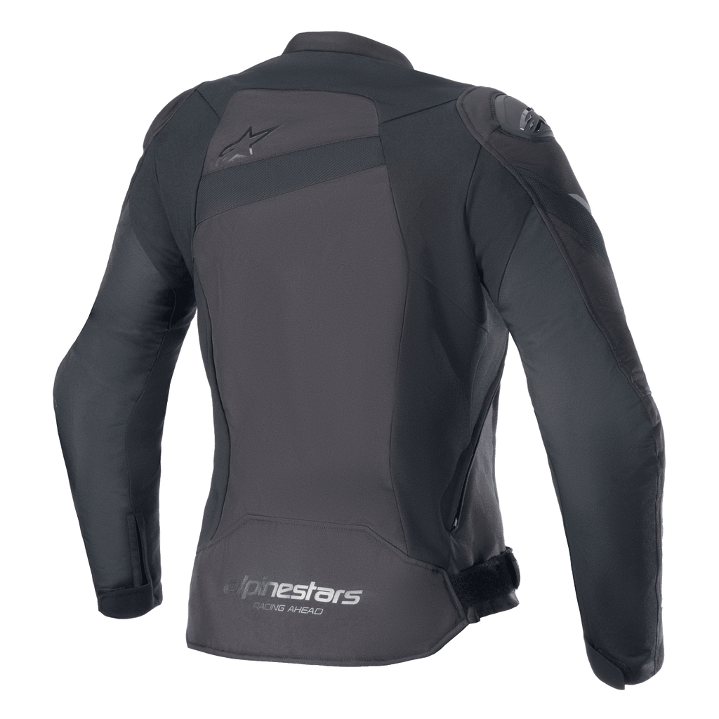 Jaqueta Alpinestars Stella T-GP Plus R V4, jaqueta de motociclismo têxtil feminina, preto/preto, vista traseira com um logótipo Astar tonal na parte superior das costas e marca 'alpinestars RACING AHEAD' na bainha inferior, corte desportivo elegante com painéis de proteção visíveis.