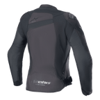 Jaqueta Alpinestars Stella T-GP Plus R V4, jaqueta de motociclismo têxtil feminina, preto/preto, vista traseira com um logótipo Astar tonal na parte superior das costas e marca 'alpinestars RACING AHEAD' na bainha inferior, corte desportivo elegante com painéis de proteção visíveis.