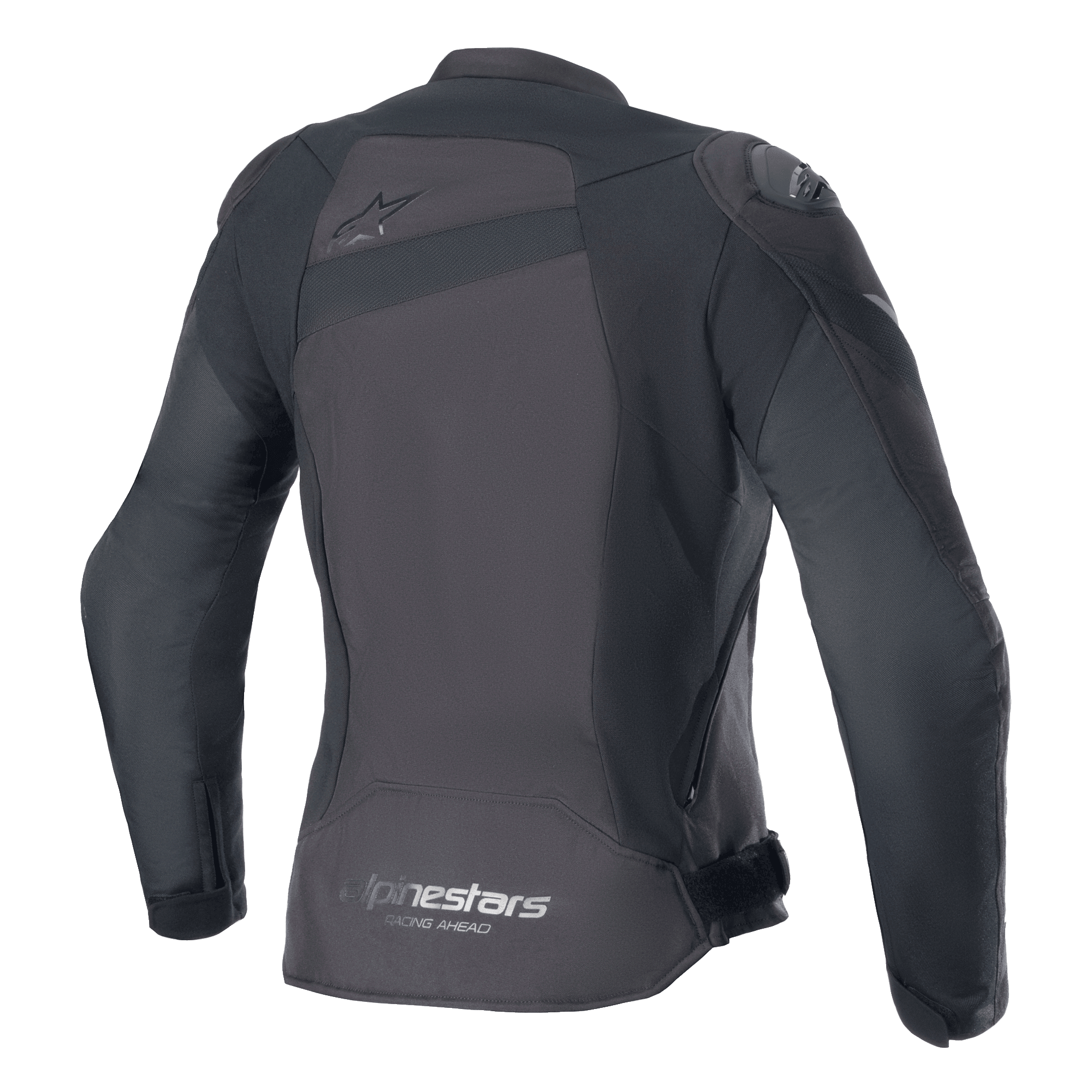 Jaqueta Alpinestars Stella T-GP Plus R V4, jaqueta de motociclismo têxtil feminina, preto/preto, vista traseira com um logótipo Astar tonal na parte superior das costas e marca 'alpinestars RACING AHEAD' na bainha inferior, corte desportivo elegante com painéis de proteção visíveis.