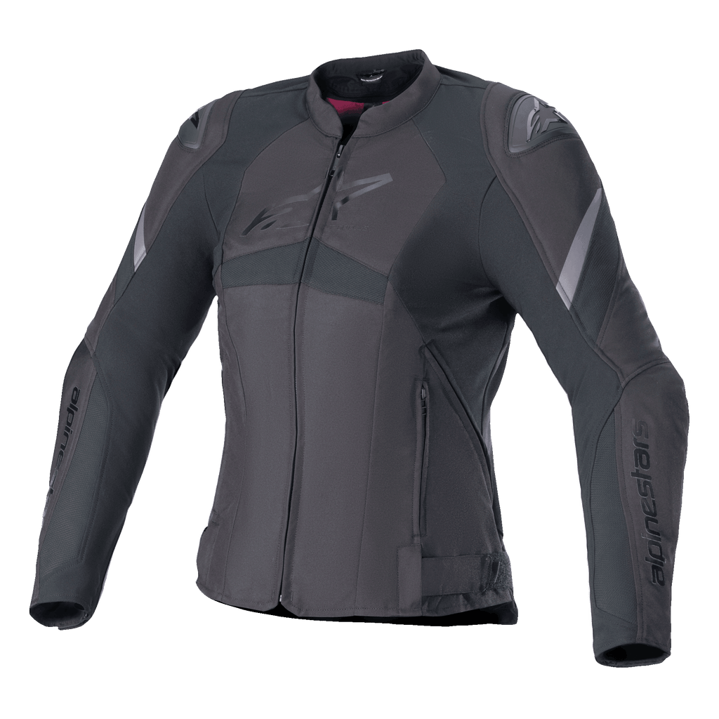 Alpinestars Stella T-GP Plus R V4, casaco de motociclismo têxtil para mulher, preto, com design desportivo ajustado, fecho de correr frontal, protetores de ombro externos e detalhes discretos do logótipo no peito e nas mangas